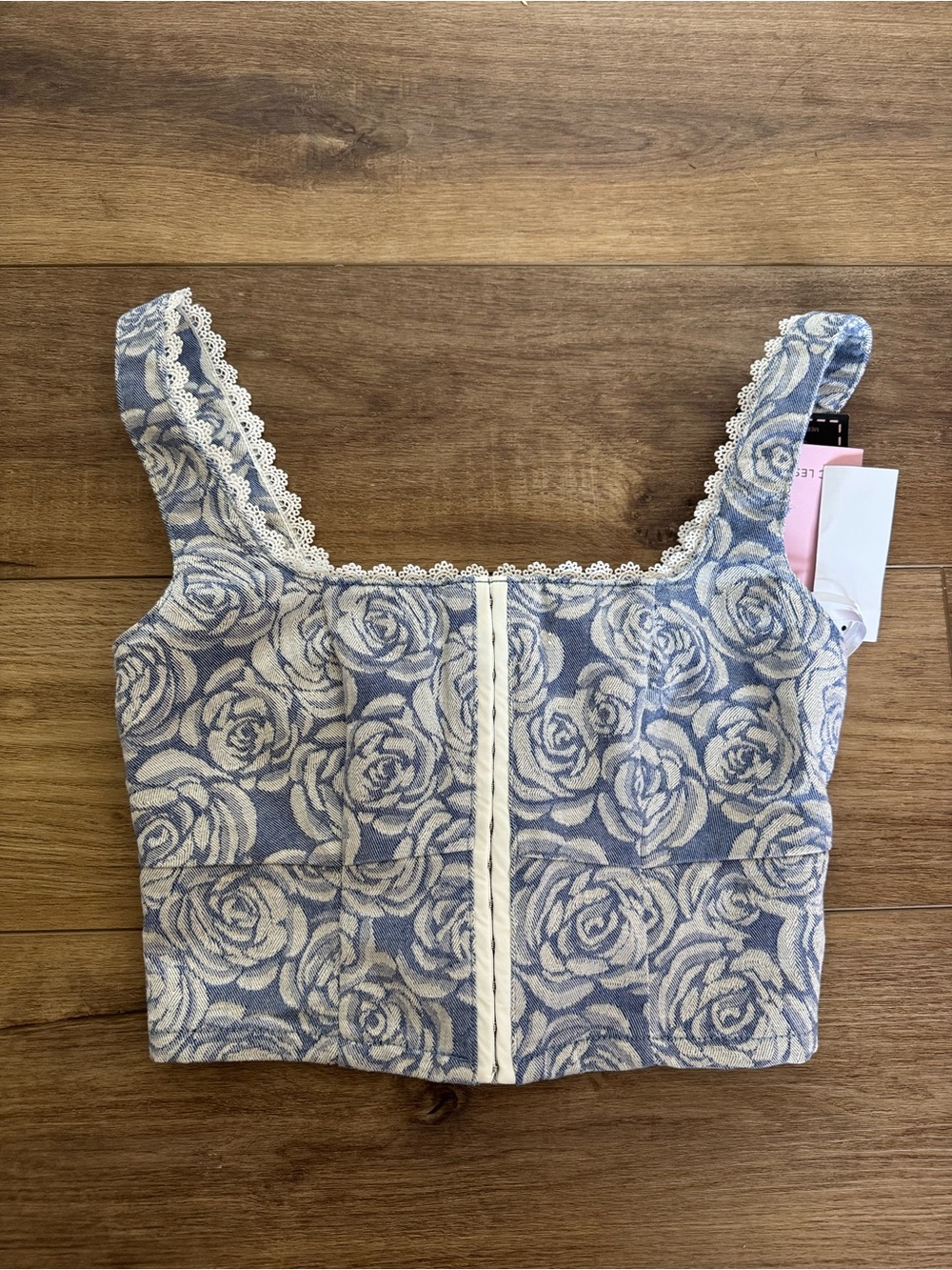 Avec Les Filles Blue and Cream Rose Jacquard Crop Top